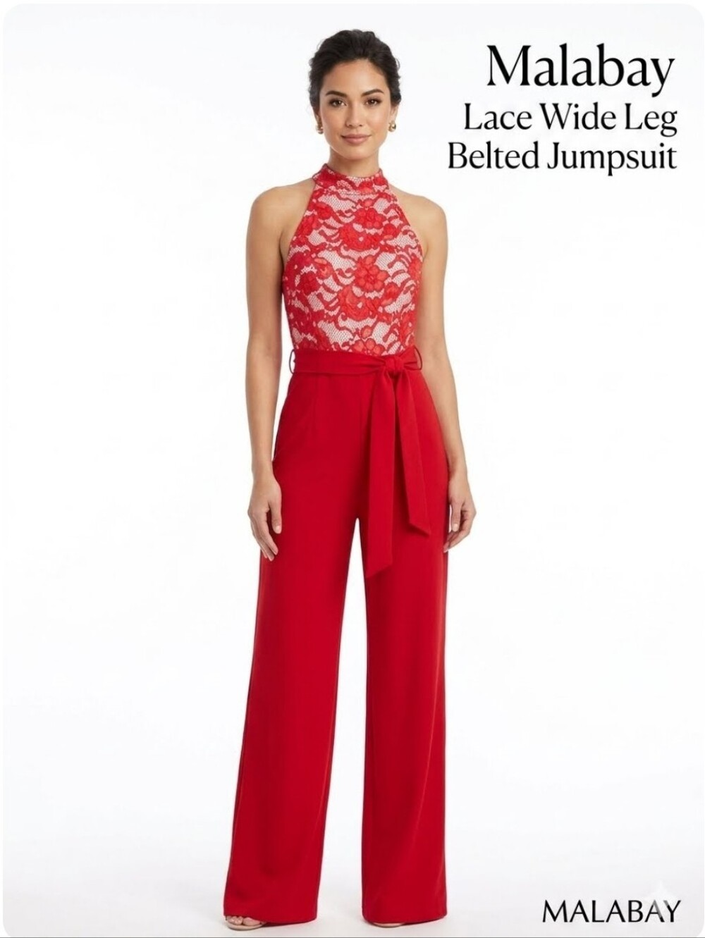 NWT Malabay Red Lace High Neck Wide Leg Belted Jumpsuit - Size 4